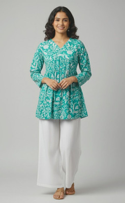 REEMO Women Printed Flared Kurta(Green)