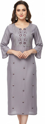 SARANS Women Embellished, Embroidered Straight Kurta(Grey)