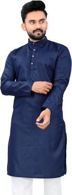 R C CREATION Men Self Design A-line Kurta(Blue)