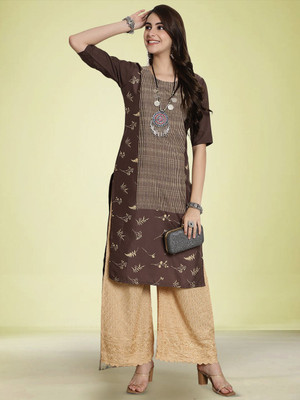 Moda Rapido Women Floral Print Straight Kurta(Brown)