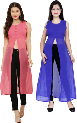VESICLE Women Solid Frontslit Kurta(Pink, Blue)