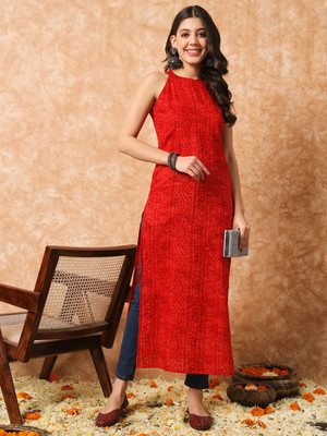 HouseOfCommon Women Bandhani Straight Kurta(Red)