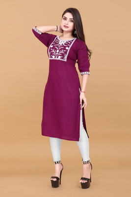 WOMENSILK Women Embroidered A-line Kurta(Purple)