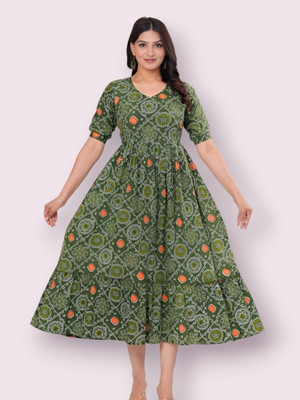 HouseOfCommon Women Printed Anarkali Kurta(Green)