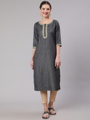 Nayo Women Printed Straight Kurta(Grey)