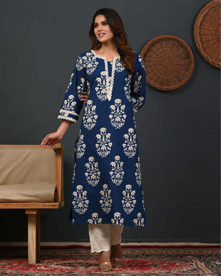 RANDHAWA Women Printed Straight Kurta(Blue)
