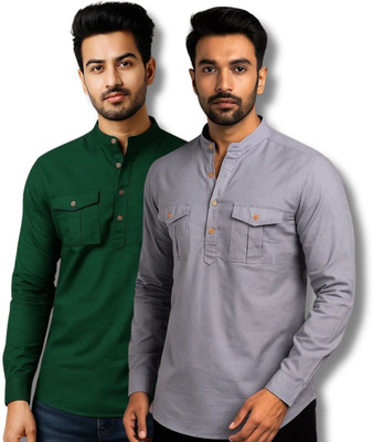 MAHIRAN Men Solid Straight Kurta(Green, Grey)