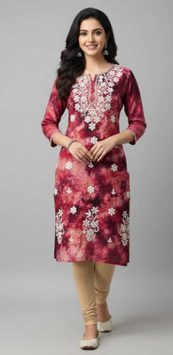 Awadh chikankari art Women Dyed/Ombre, Embroidered A-line Kurta(Red, Maroon)
