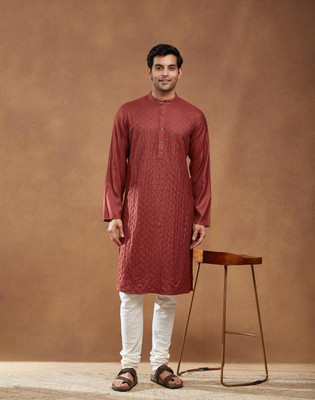 Fabindia Men Embroidered Straight Kurta(Red)