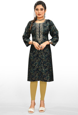 Pratha Women Floral Print A-line Kurta(Green)