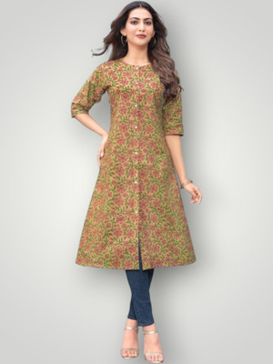 ABHI FAB Women Printed Straight Kurta(Beige)