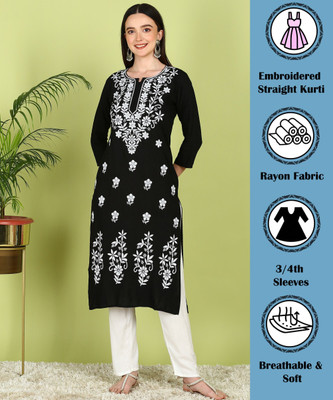 TOP N THREAD Women Chikan Embroidery, Floral Print, Embroidered A-line Kurta(Black)