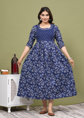 PARSHITA COUTURE Women Floral Print A-line Kurta(Blue)