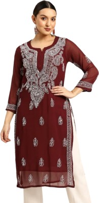 Neelam Chikan Women Chikan Embroidery Straight Kurta(Maroon)