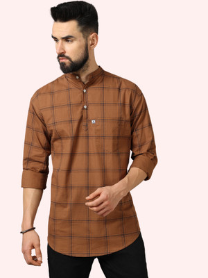 AIDAN PAUL Men Checkered Straight Kurta(Brown)