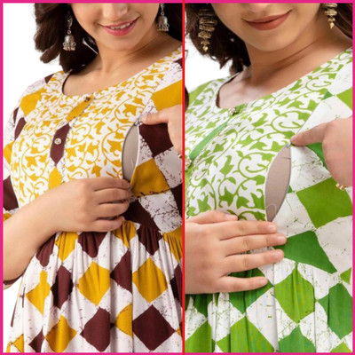 Rp Rosy Pink Women Block Print A-line Kurta(Green)