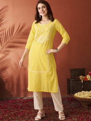 ANOUK Women Embroidered A-line Kurta(Yellow)