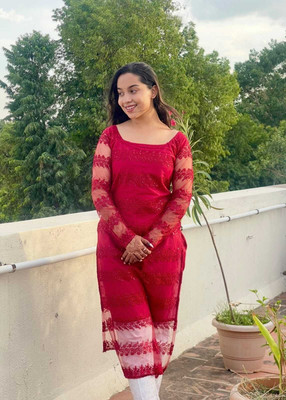 Eluyani Women Embroidered A-line Kurta(Red)