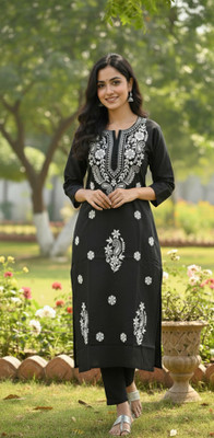 ChikankariArts Women Chikan Embroidery, Embroidered Straight Kurta(Black)