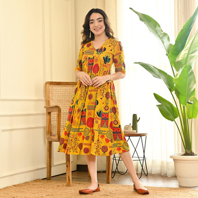 gobya Women Printed A-line Kurta(Yellow)