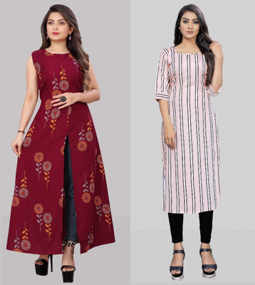 maruti fab Women Striped, Floral Print Straight Kurta(Maroon, White)