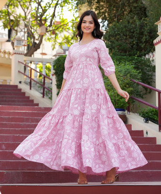 CHARVI CREATION Women Printed, Embroidered Flared Kurta(Pink, White)