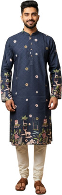 Maansri Men Floral Print, Printed Straight Kurta(Blue)