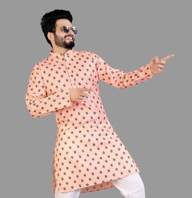 DHASU TRENDZ Men Printed Straight Kurta(Pink)