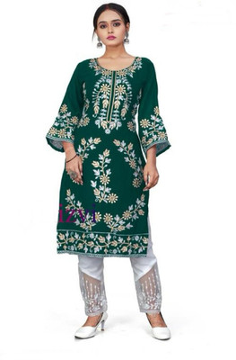 Aksharam Women Embroidered A-line Kurta(Green)