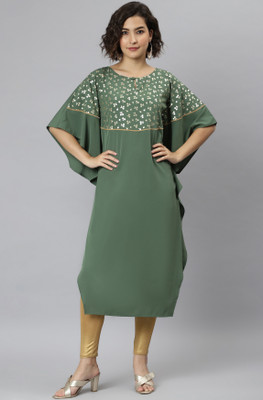 Janasya Women Printed Straight Kurta(Green)