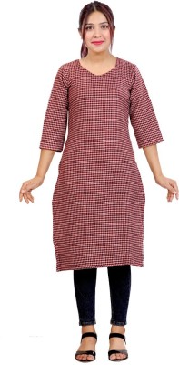 Aarav Boss Women Checkered A-line Kurta(Maroon, Beige)