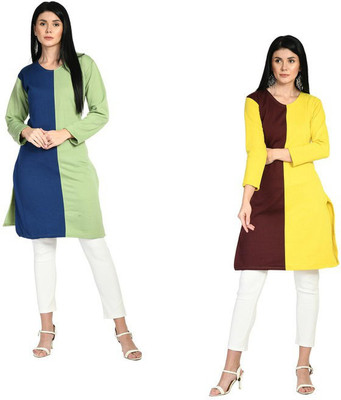 Indeweaves Women Colorblock Straight Kurta(Green, Yellow)