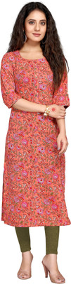 Rajnandini Women Printed Straight Kurta(Orange)