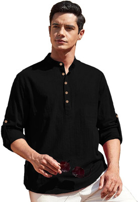 GOD HEART Men Solid Straight Kurta(Black)