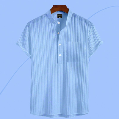 Jenil Fashion Self Design Men Mandarin Collar Light Blue T-Shirt