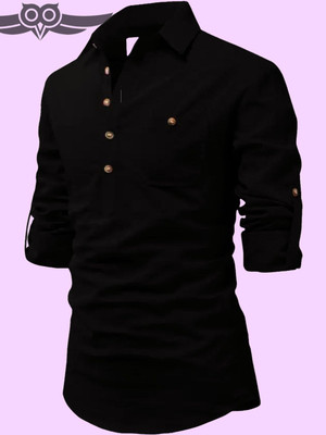 Life Roads Men Solid Pathani Kurta(Black)