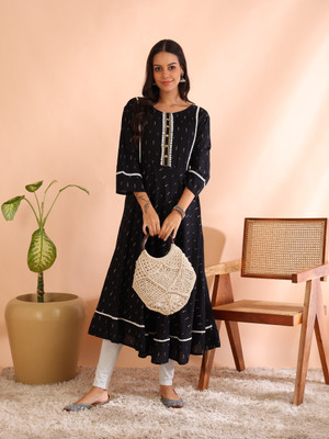 AKIKO Women Geometric Print A-line Kurta(Black)