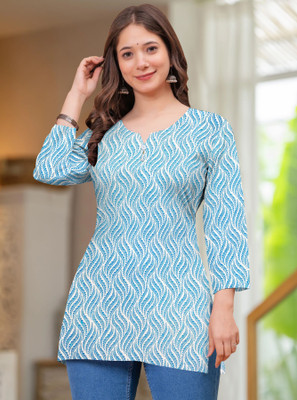 laybacollection Women Printed A-line Kurta(White, Light Blue)