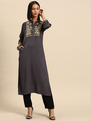 all about you Women Embroidered Straight Kurta(Grey)