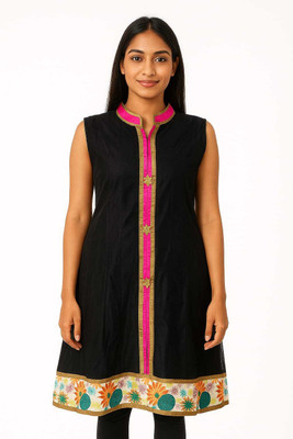 Coolordrops Women Solid, Embellished, Floral Print Straight Kurta(Black)