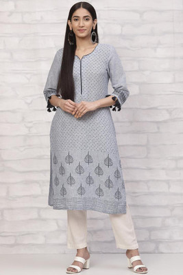 RANGRITI Women Printed Straight Kurta(Blue)