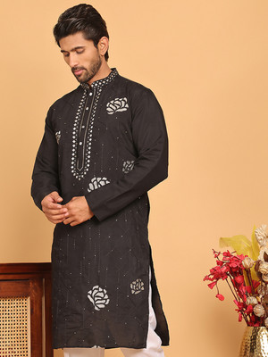 Jompers Men Embroidered Straight Kurta(Black)