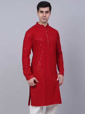 ALMORA Men Chikan Embroidery Straight Kurta(Maroon)
