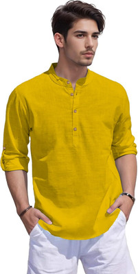 omkar Men Solid Straight Kurta(Yellow)