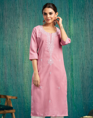 Samah Women Chikan Embroidery, Embellished, Dyed/Ombre, Self Design Straight Kurta(Pink)