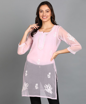 VAHSON Women Chikan Embroidery, Embroidered A-line Kurta(Pink)