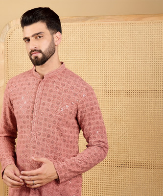 Ethnic Bay Men Embroidered Straight Kurta(Brown)