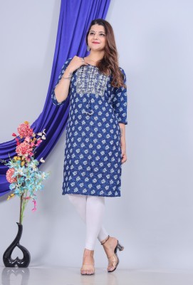 IQARA Women Printed Straight Kurta(Blue)