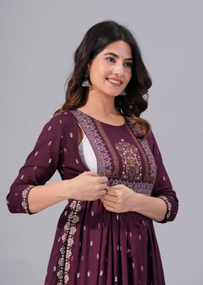 LG CREATIONS Women Printed Flared Kurta(Purple)