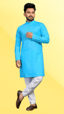 M Biswas Men Solid A-line Kurta(Light Blue)